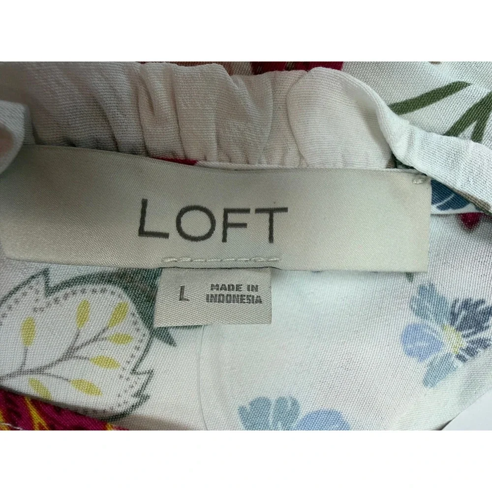 LOFT Floral Print‎ Ruffle Neck Tie Blouse Long Sleeve Women's Size L NWT